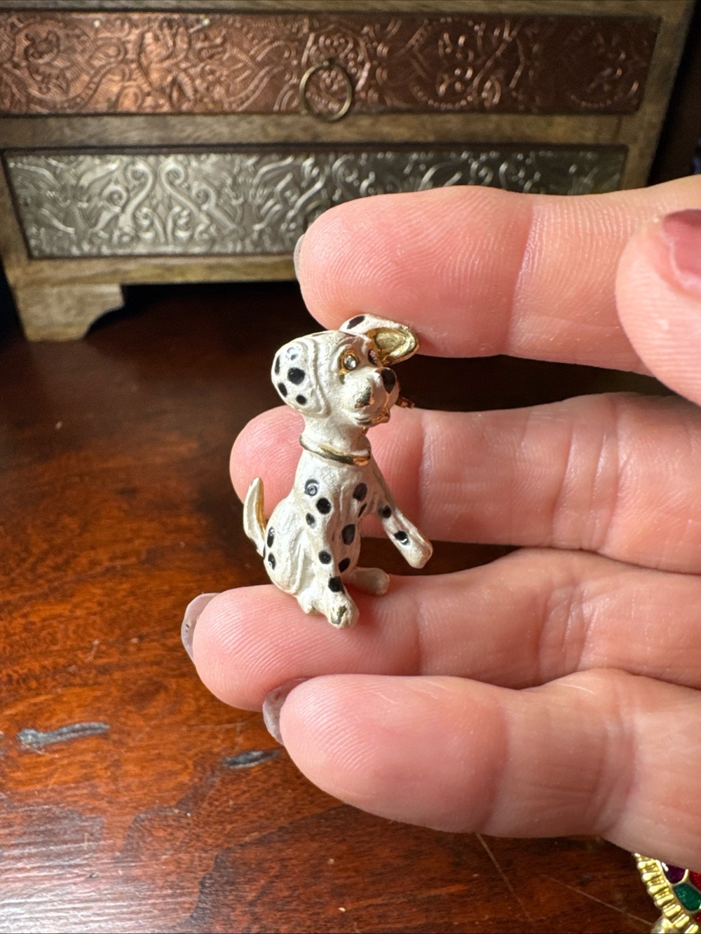 Dalmatian Dog Brooch Pin in White with Black Spots with Rhinestone Eyes